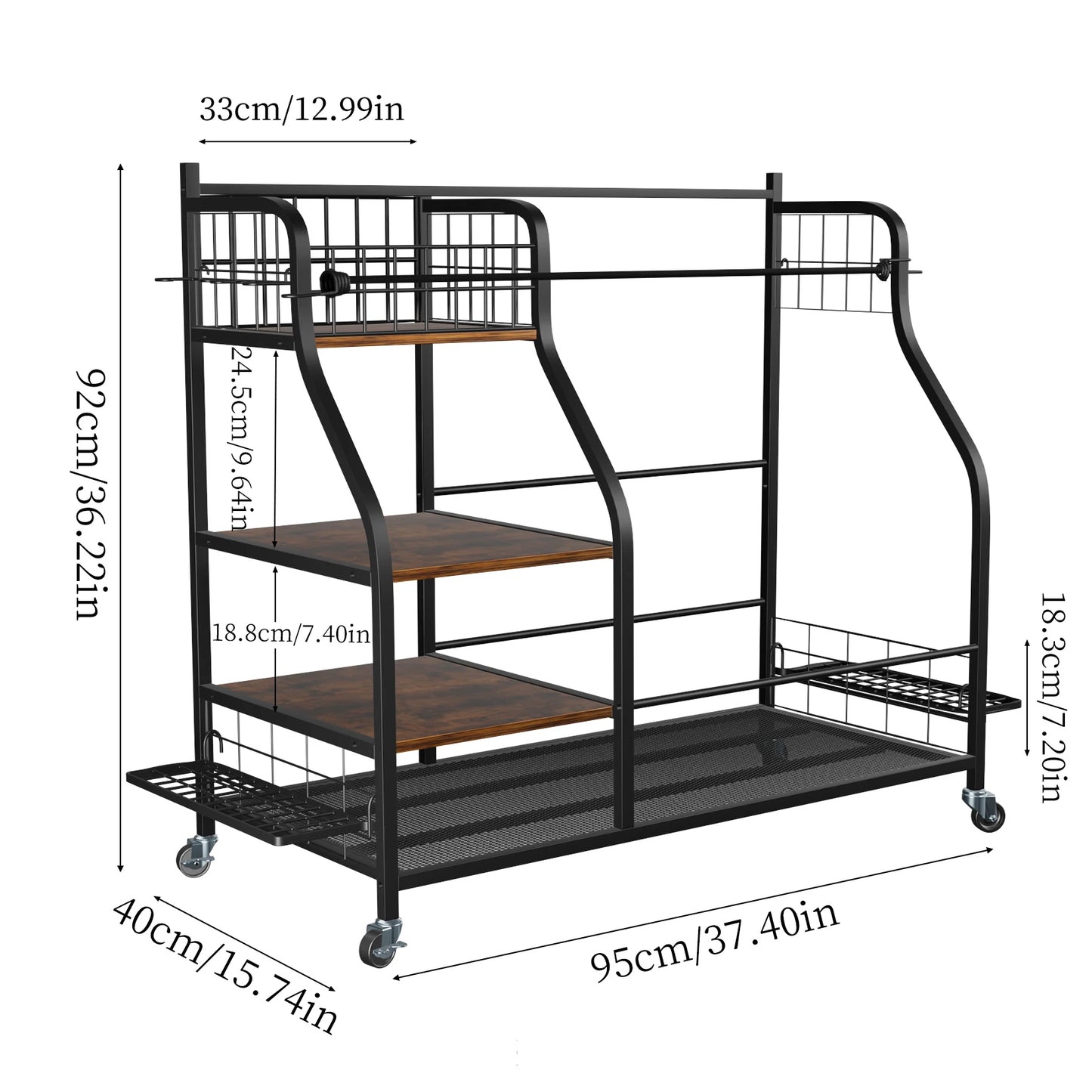 Golf or sport equipment organizer rack with shelves, wheels & elastic storage straps