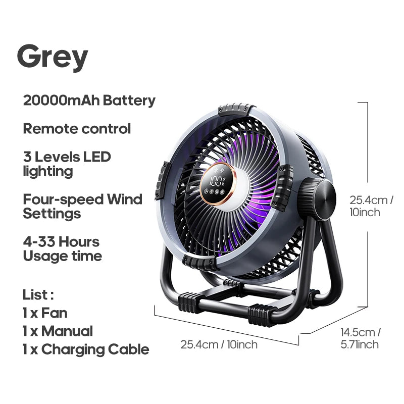 6-in-1 Portable Camping Fan with LED Light & Power Bank – 20000mAh Rechargeable Outdoor Tent Fan with Remote Control – 4 Speeds