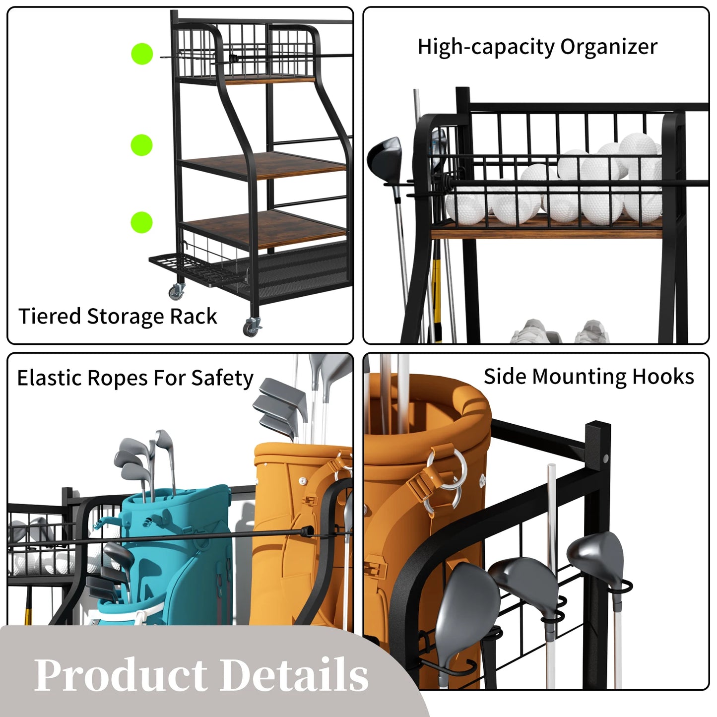 Golf or sport equipment organizer rack with shelves, wheels & elastic storage straps