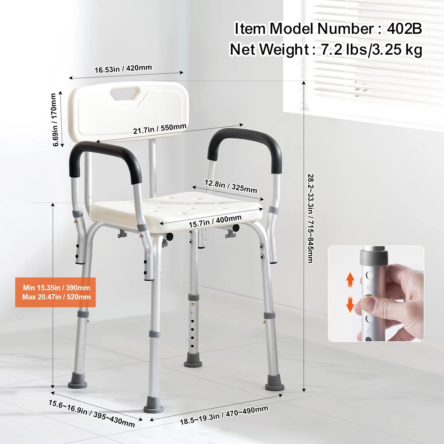 Height Adjustable Shower Chair with Back Support & Non-Slip Stability