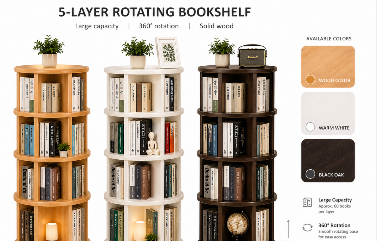 Solid wood rotating bookshelf with wheels, 360 degree spinning bookcase space saving storage for home or office