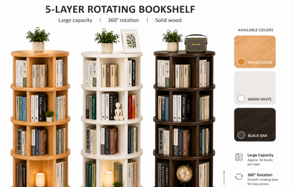Solid wood rotating bookshelf with wheels, 360 degree spinning bookcase space saving storage for home or office