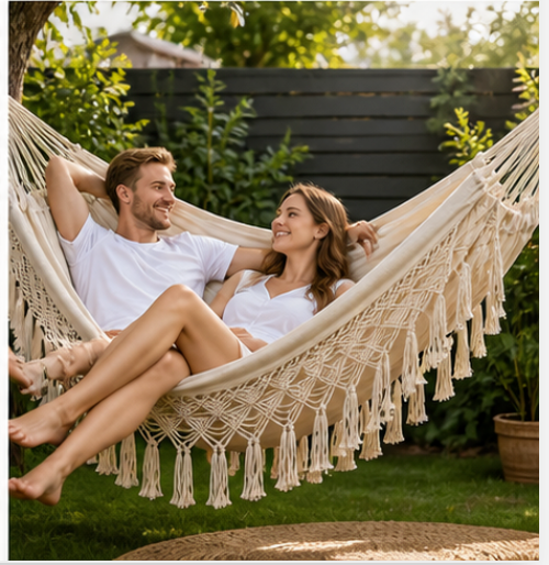 Double Hammock – Boho Macrame, 2-Person, Cotton, Indoor & Outdoor