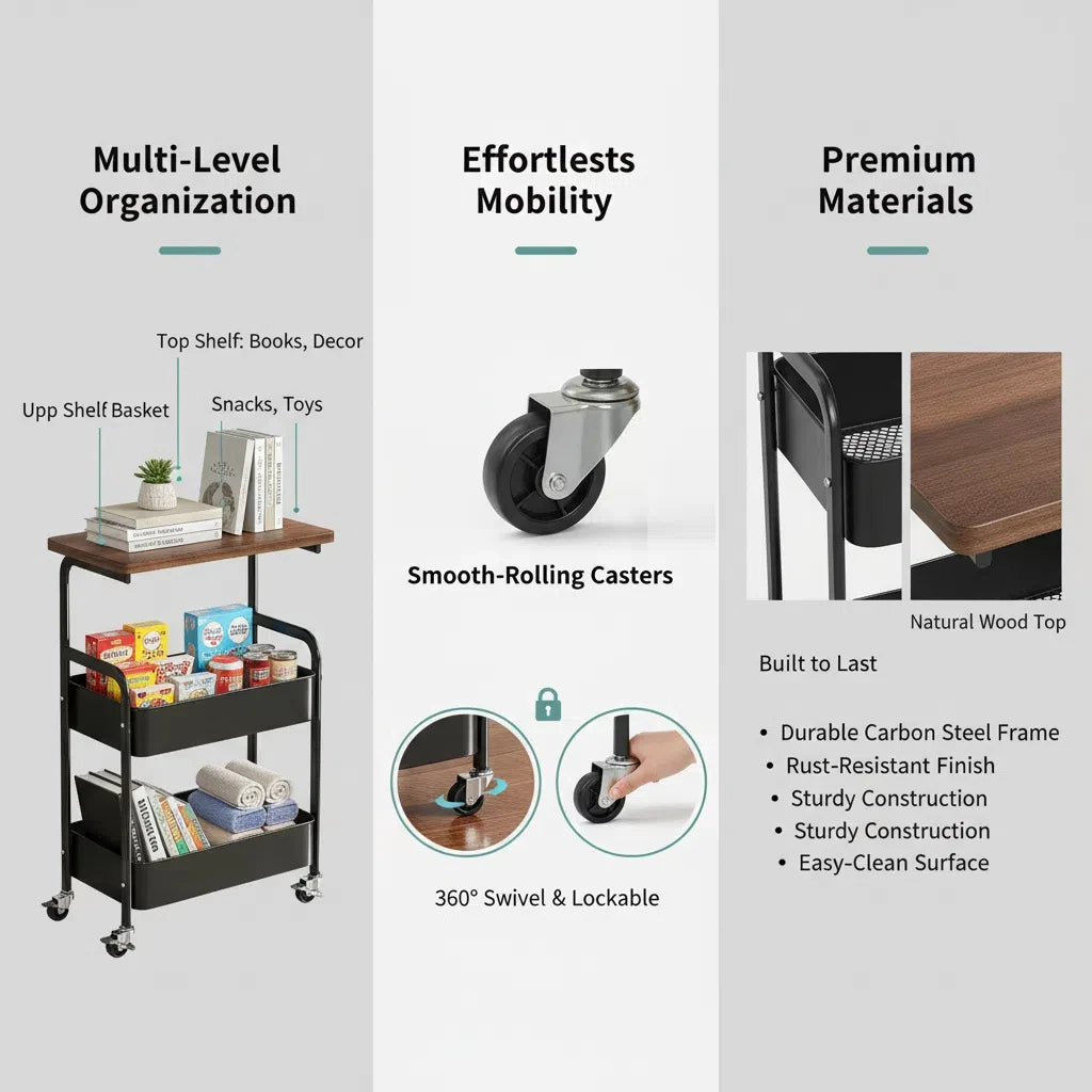 Storage Cart – Rolling, Multi-Tier, Locking Wheels, For Kitchen, Office & Home