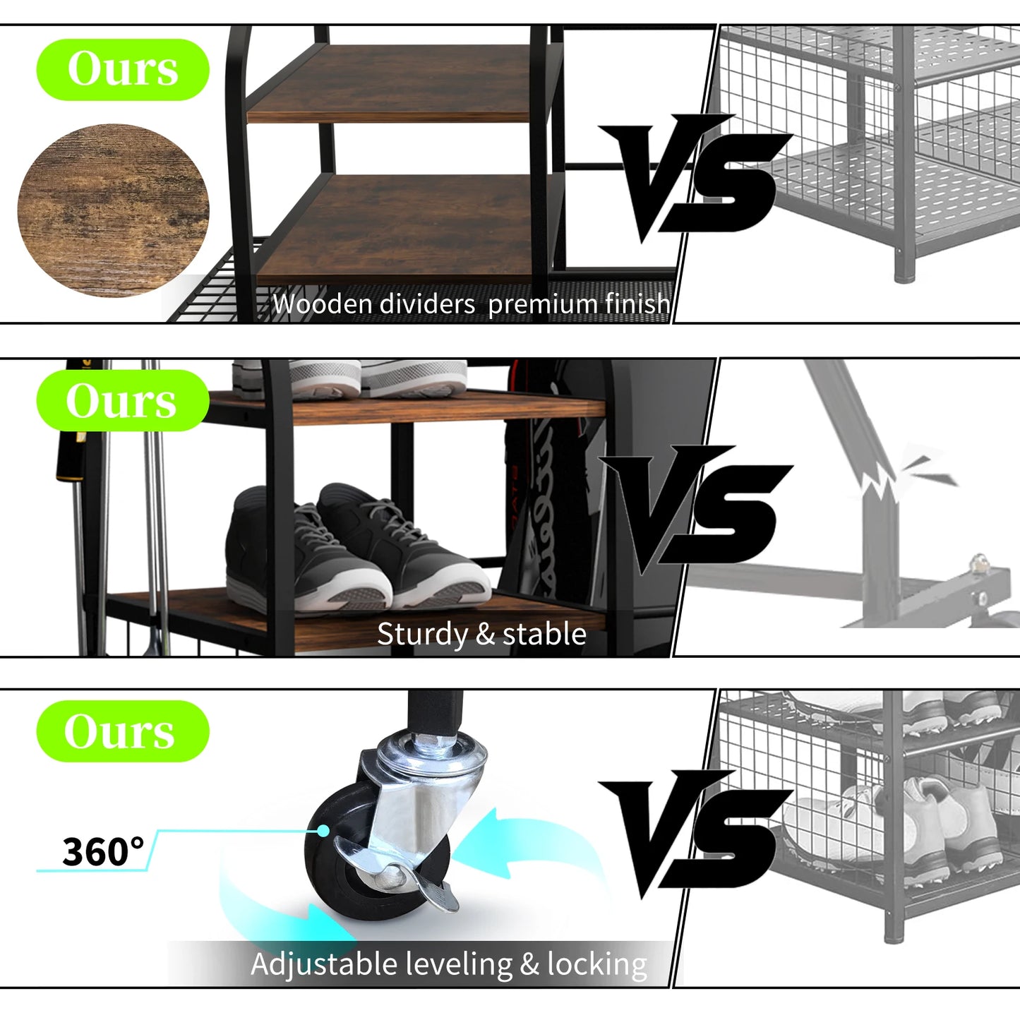 Golf or sport equipment organizer rack with shelves, wheels & elastic storage straps