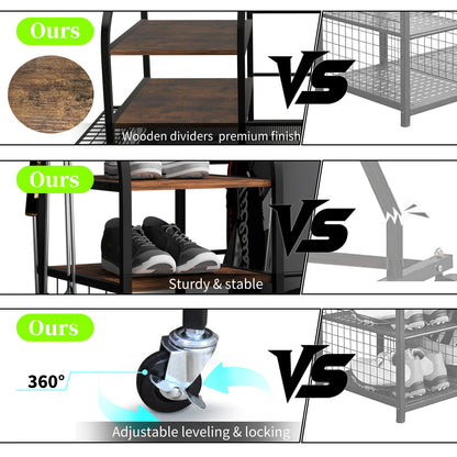Golf or sport equipment organizer rack with shelves, wheels & elastic storage straps