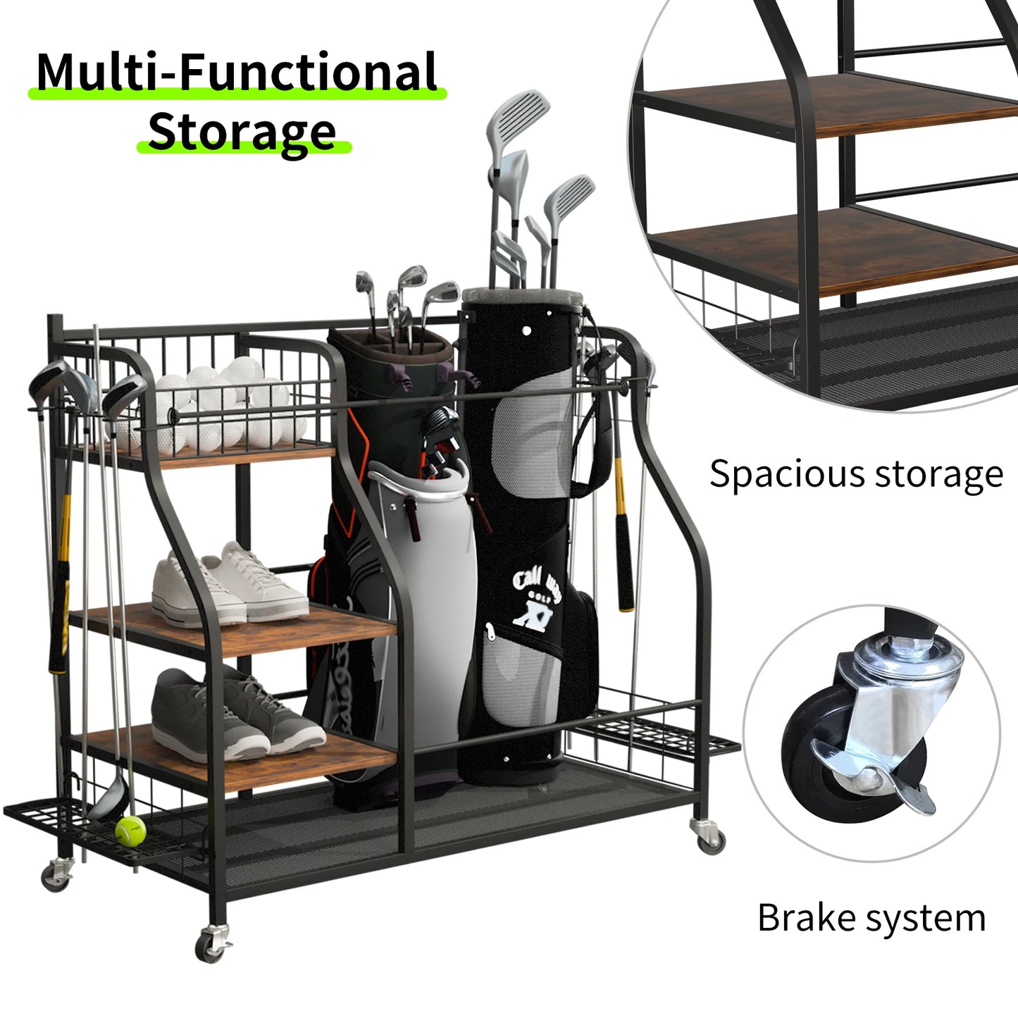 Golf or sport equipment organizer rack with shelves, wheels & elastic storage straps