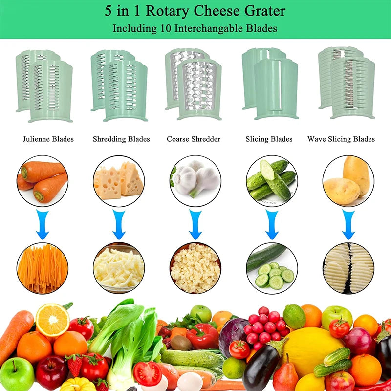 Vegetable Slicer – 5-in-1 Rotary, Mandoline, Suction Base, Multi-Function