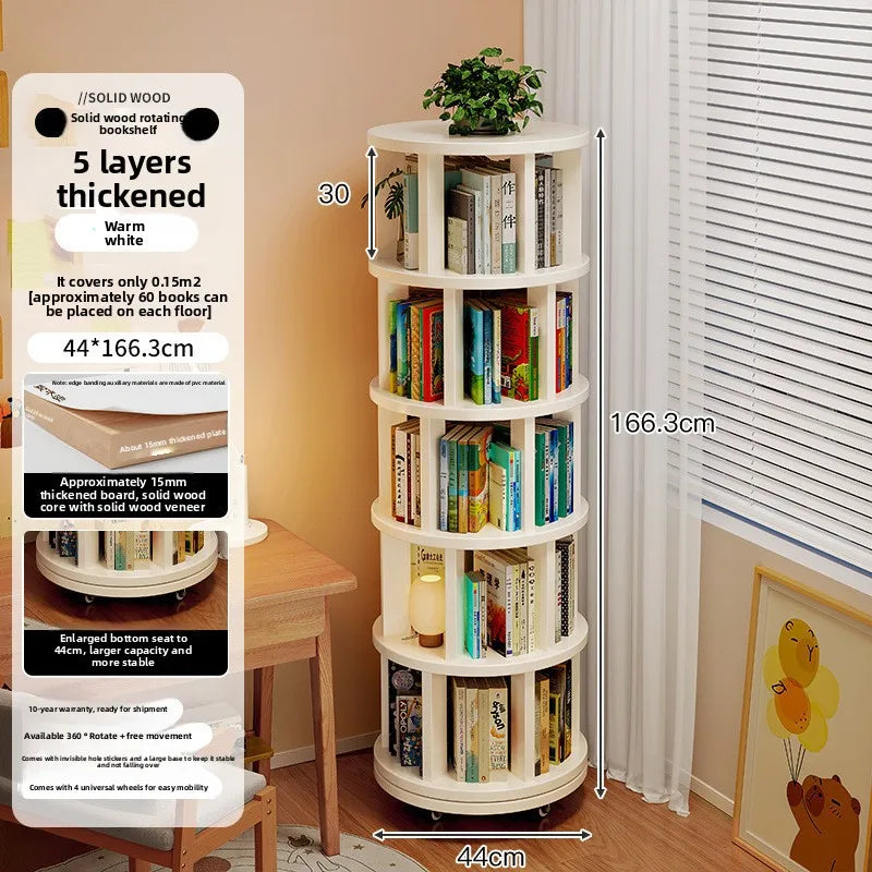 Bookshelf – Solid Wood, 360° Rotating, With Wheels, Spinning Bookcase