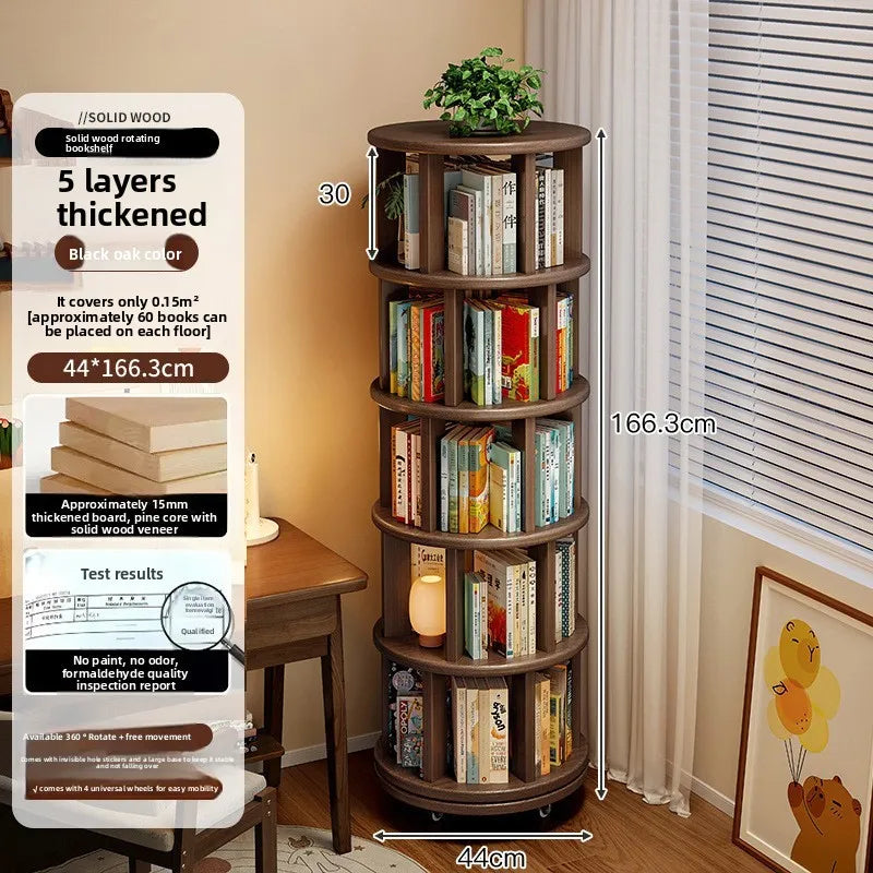Solid wood rotating bookshelf with wheels, 360 degree spinning bookcase space saving storage for home or office